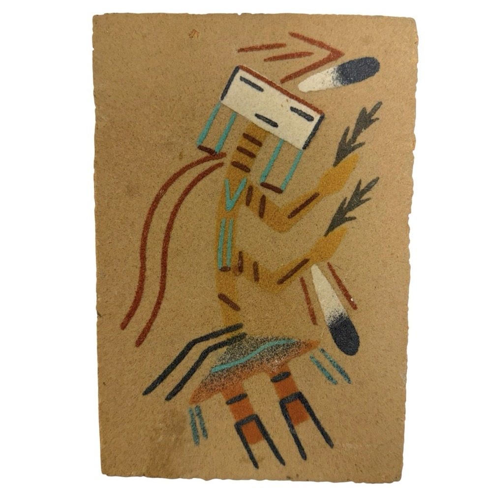 Vintage Handmade Authentic Navajo Sand Painting Rainbow Yei Spirit 6" X 4"
